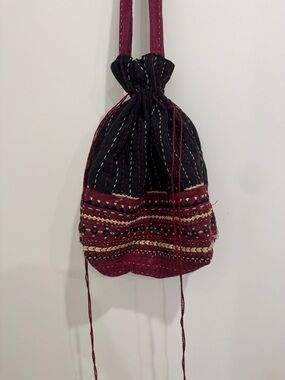 Handcrafted Black & Burgundy Embroidered Drawstring Bag - Indian embroidered